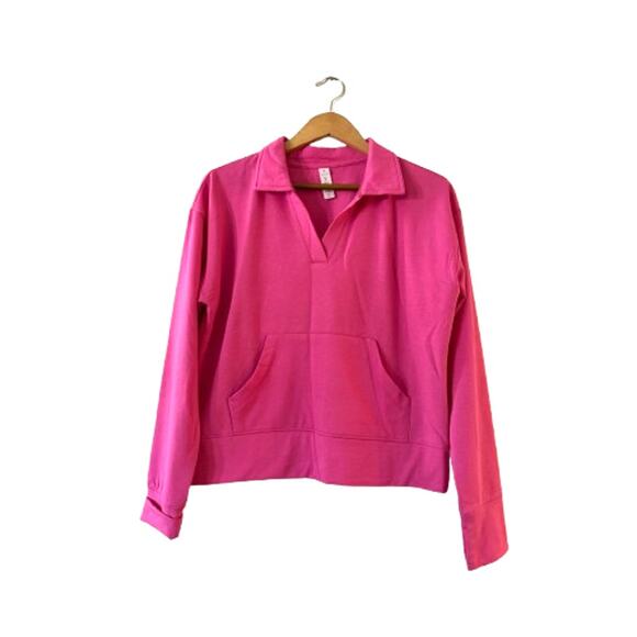 Balance Collection Oli Pullover Sweatshirt M Pink Collared Kangaroo Thumbholes - Picture 1 of 9